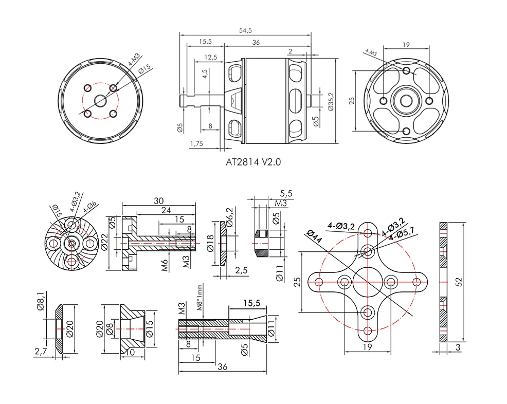 t-motor-at2814-3d-f3a-fixed-wing-long-shaft-brushless-motor-drawing