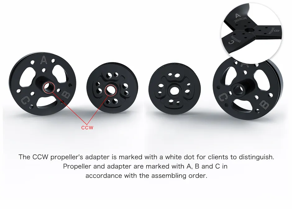 CW and CCW propeller adapter locking direction markings pc