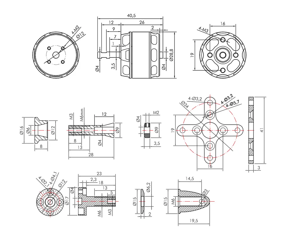 T-Motor AT2308 motor dimensions and 4mm shaft pc