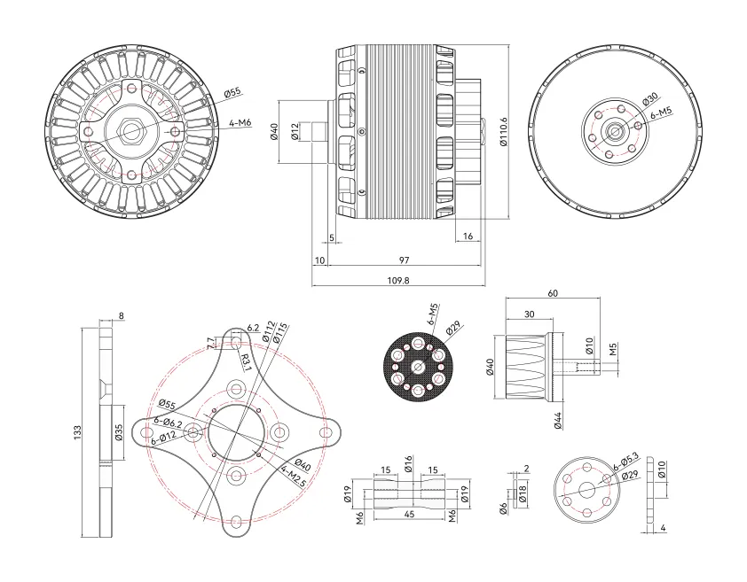 T-MOTOR AT1040 130CC Fixed-Wing Motor technical drawing
