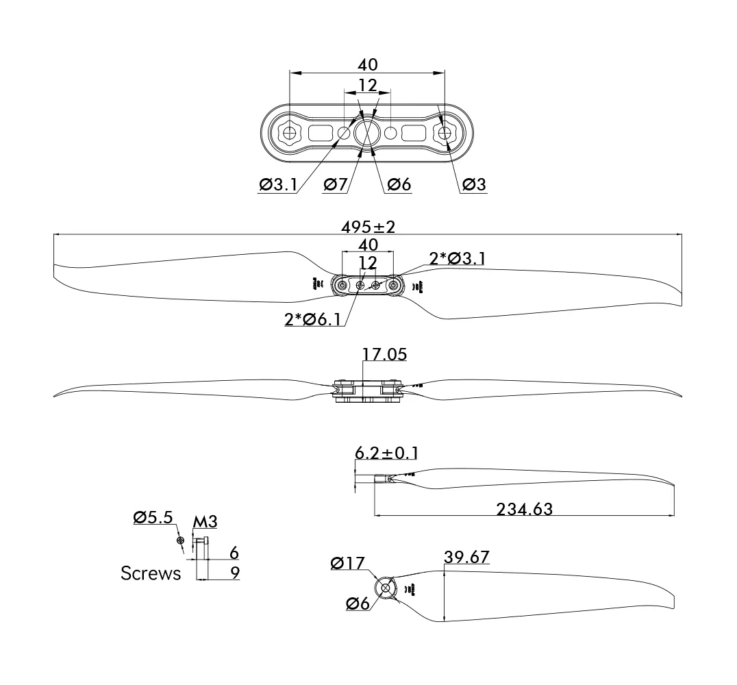 tmotor mf1907p polymer folding propeller technical Drawing