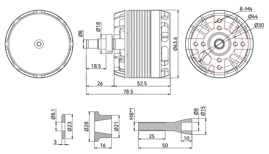 T-MOTOR AX525-B motor shaft design with 10mm inner and 8mm outer shaft