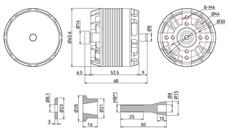 T-Motor AX525-A motor dimensions and shaft sizes pc