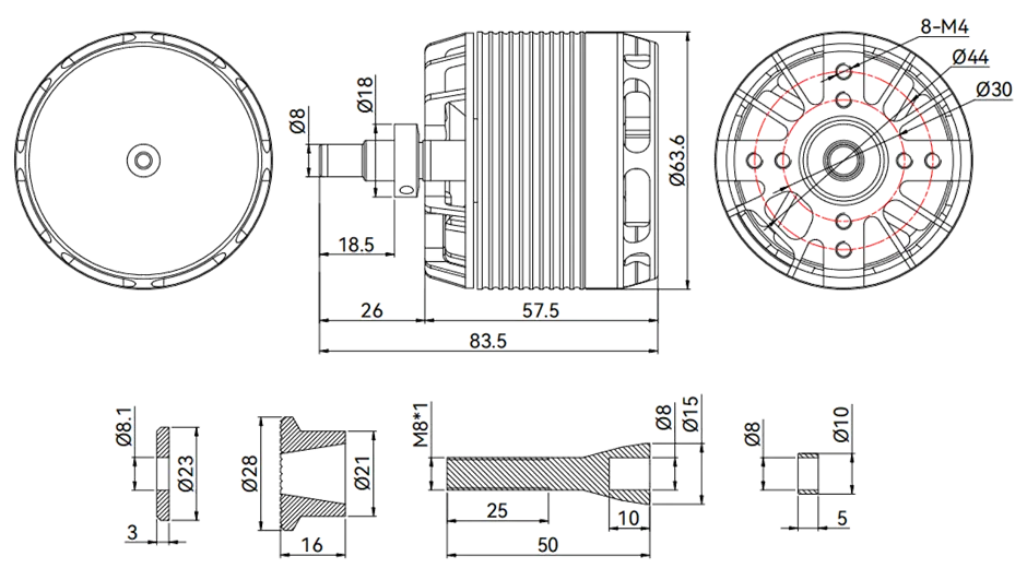 T-MOTOR AX530-B Fixed-Wing Motor technical Drawing