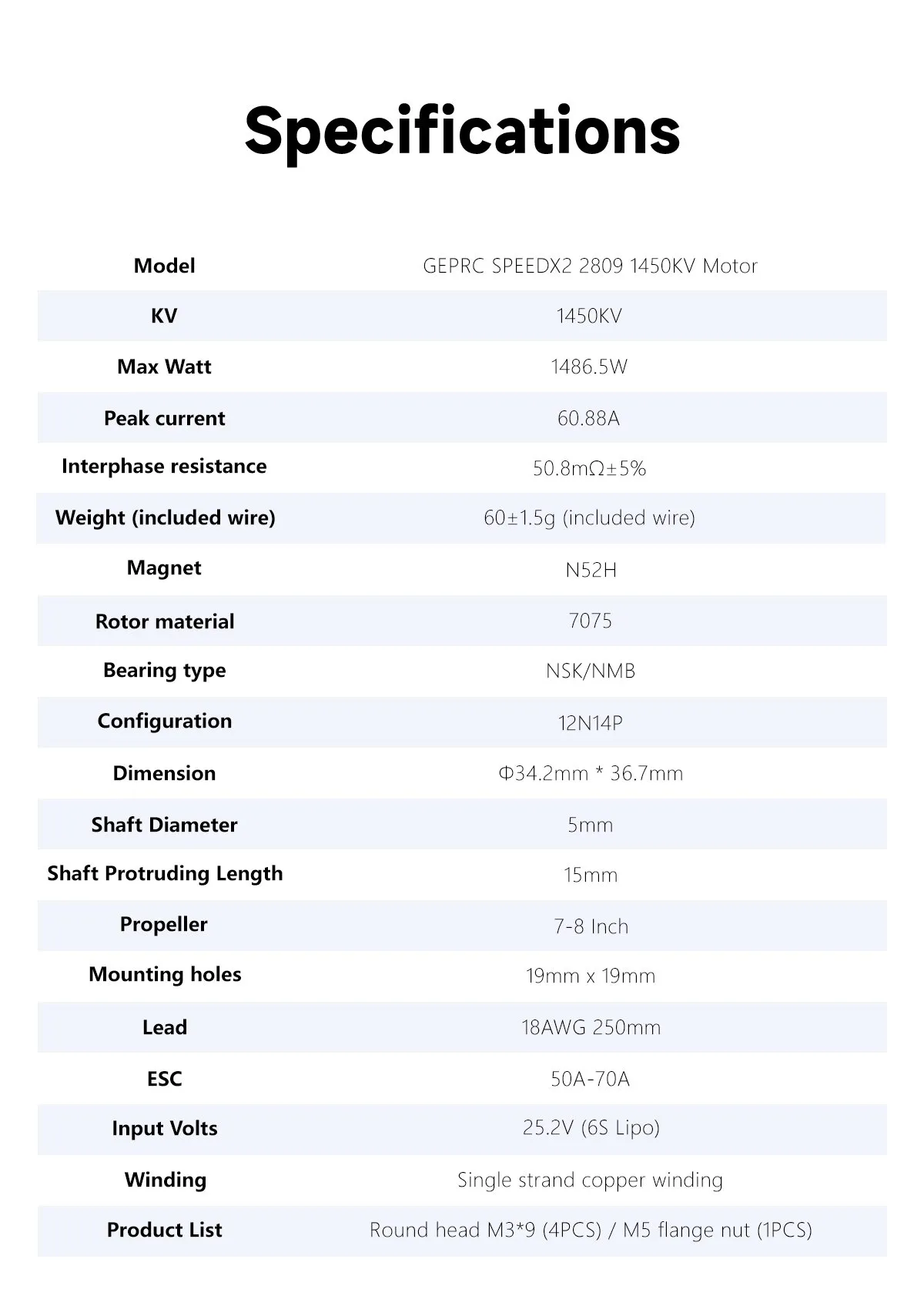 geprc speedx2 2809 v1.1 motor SPEC