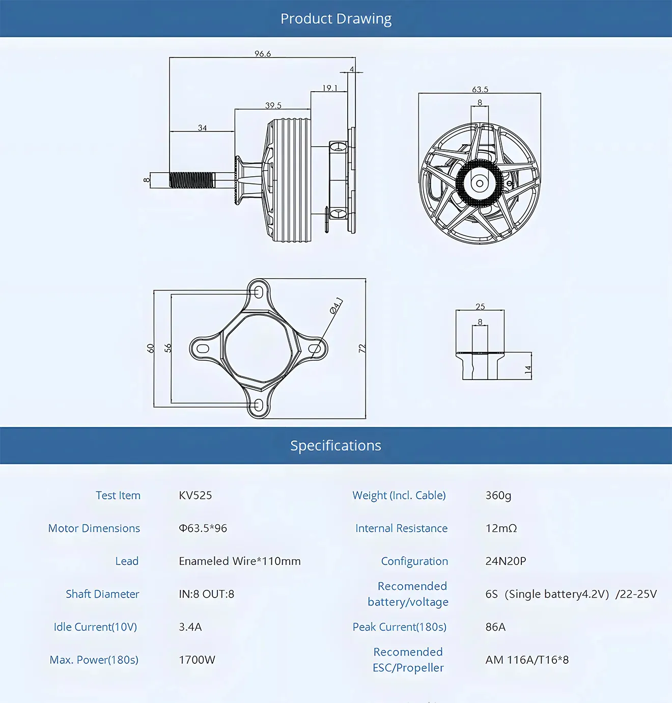 thobby am600 brushless motor for 60 64 inch 3d fixed wing drawing and specifications
