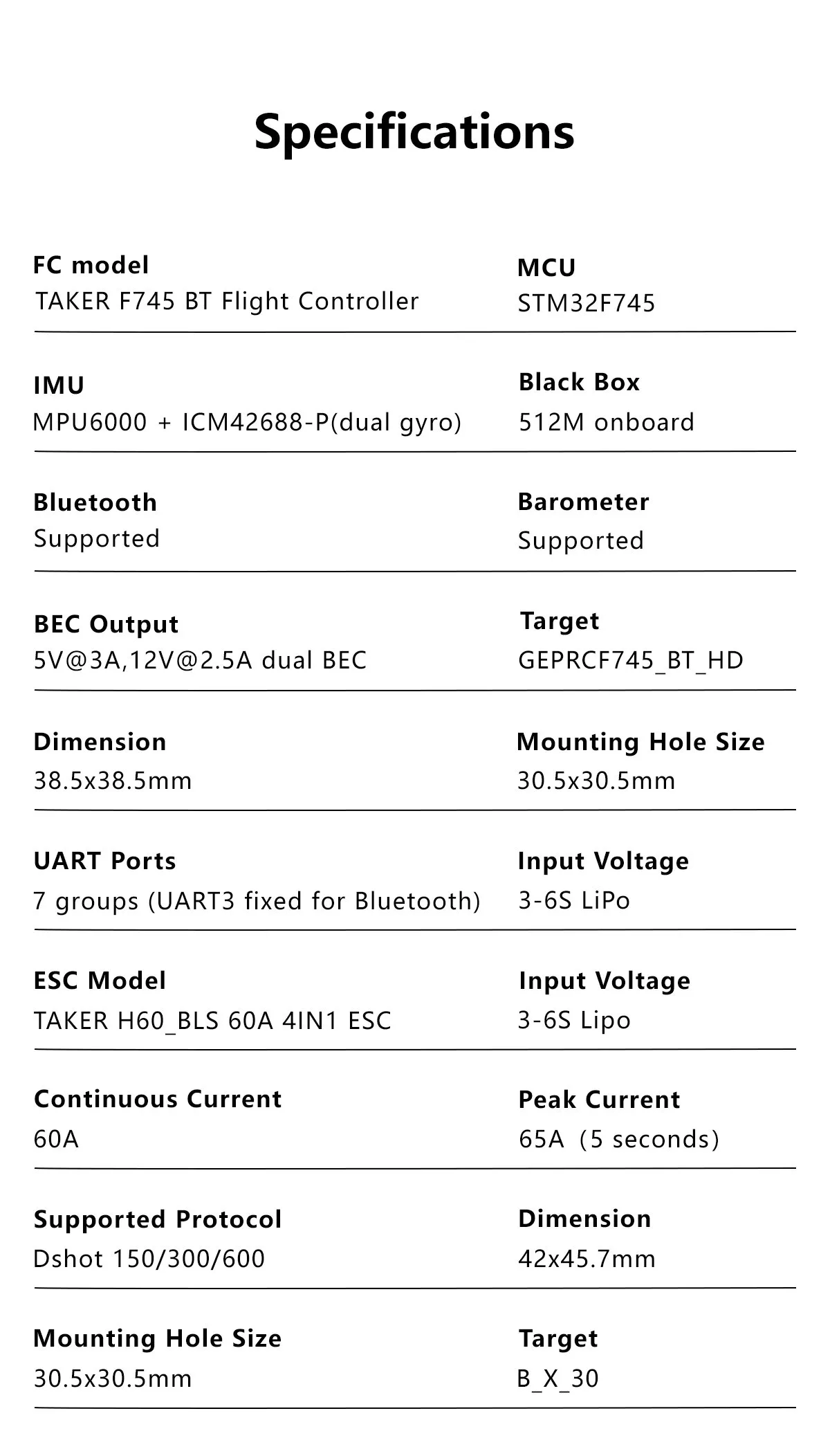 GEPRC TAKER F745 BT 8Bit 60A STACK specification