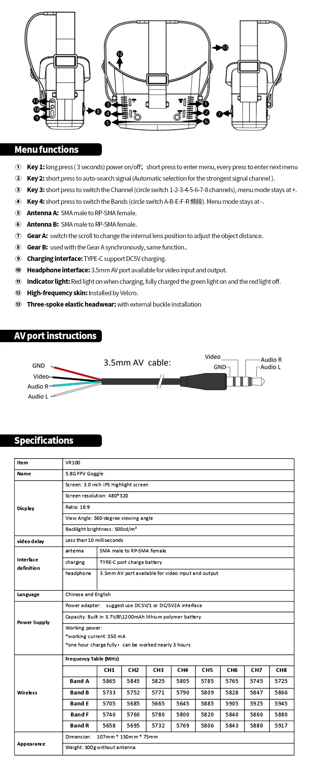 VR100 58G FPV Goggles details