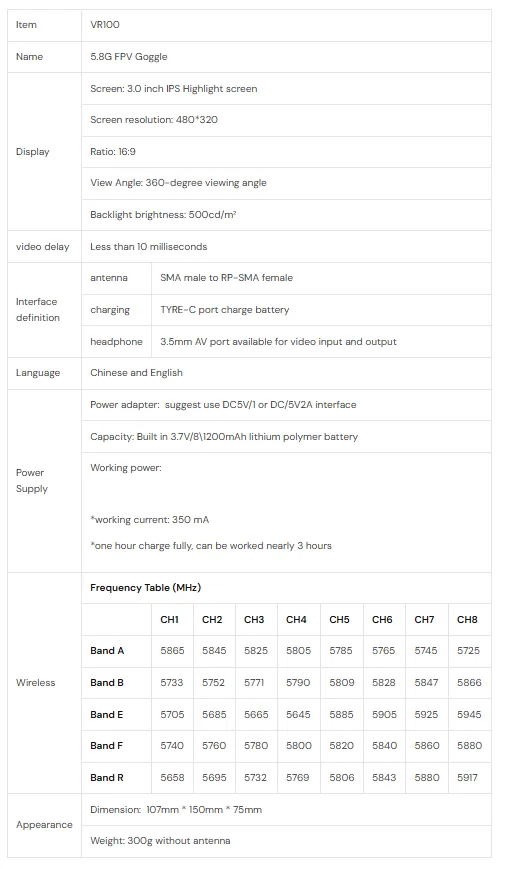 beasthobby vr100 analog fpv goggle specifications