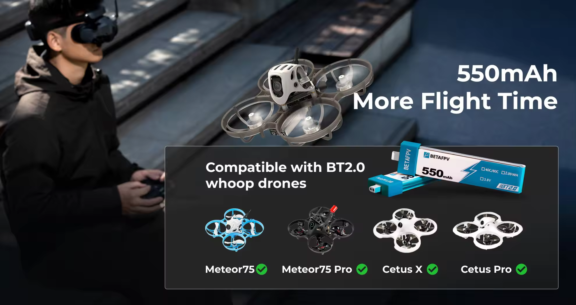 betafpv bt2.0 550mah 1s battery durable for whoop