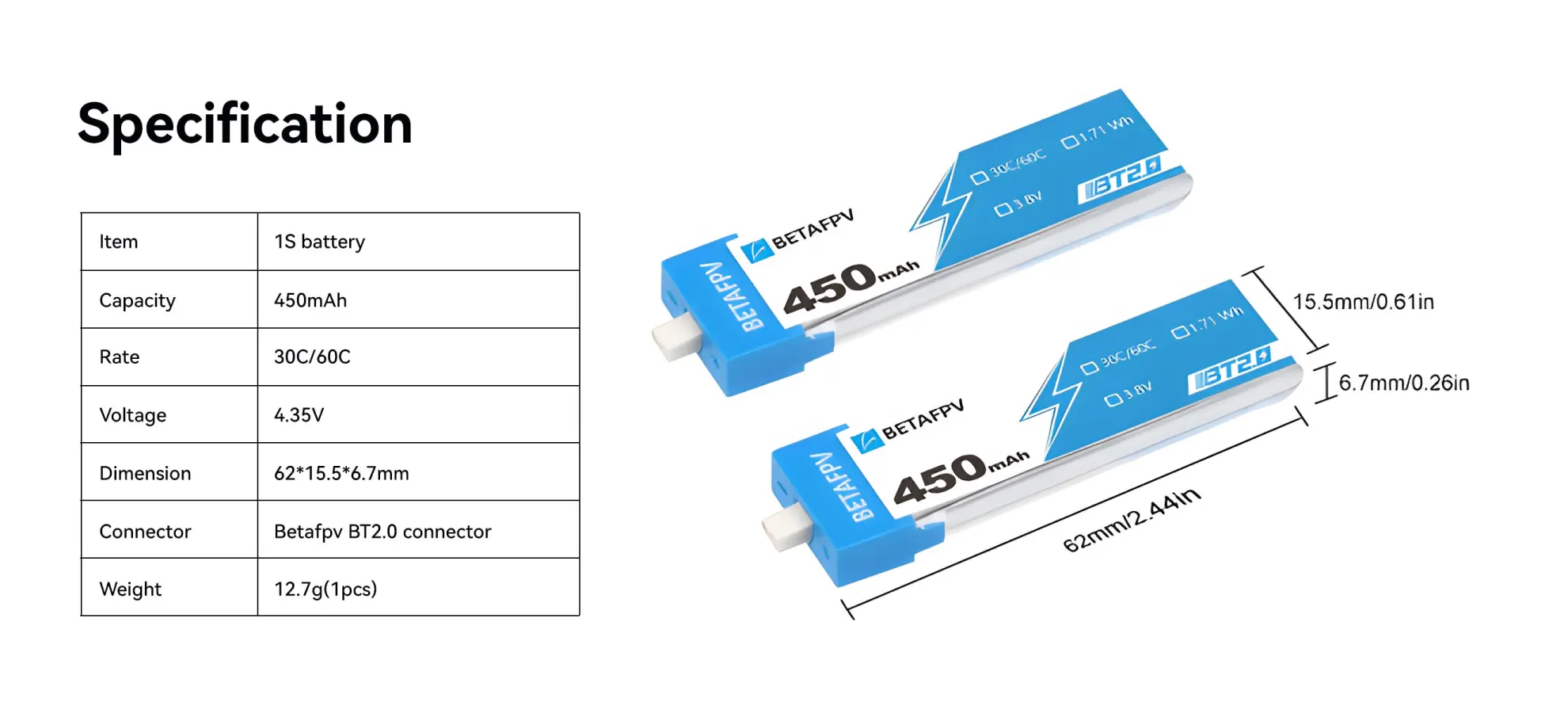 betafpv bt20 450mah 1s 30c battery spec