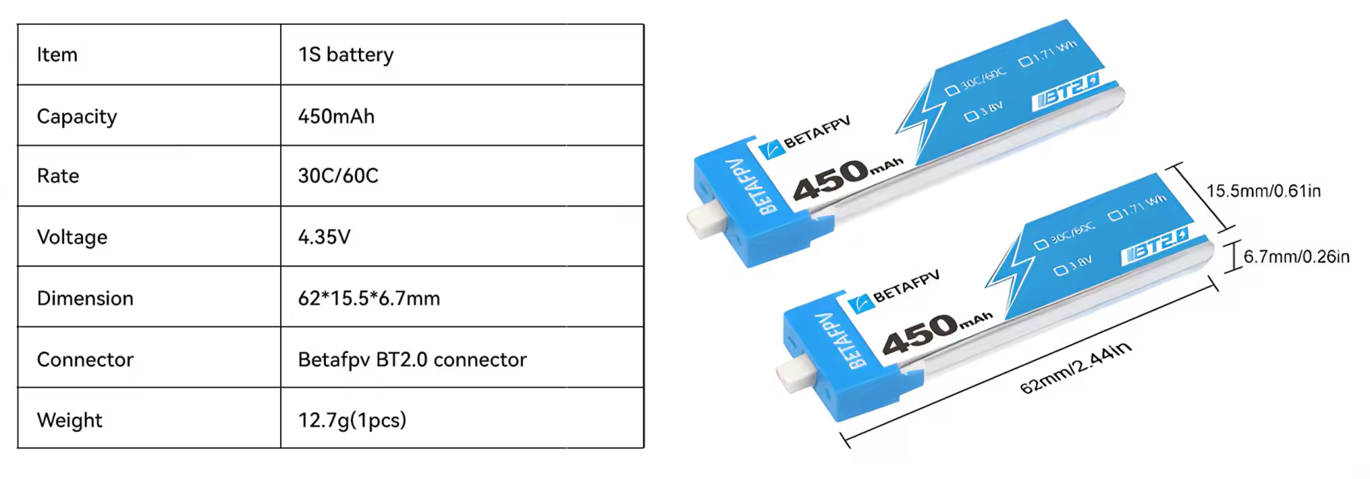 betafpv bt20 450mah 1s 30c battery specifition