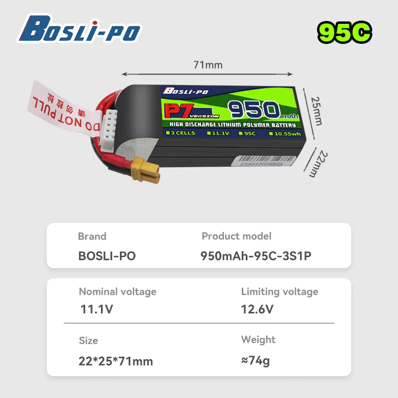 boslipo p7 950mah 95c 3/4/6s fpv battery 3s specifications