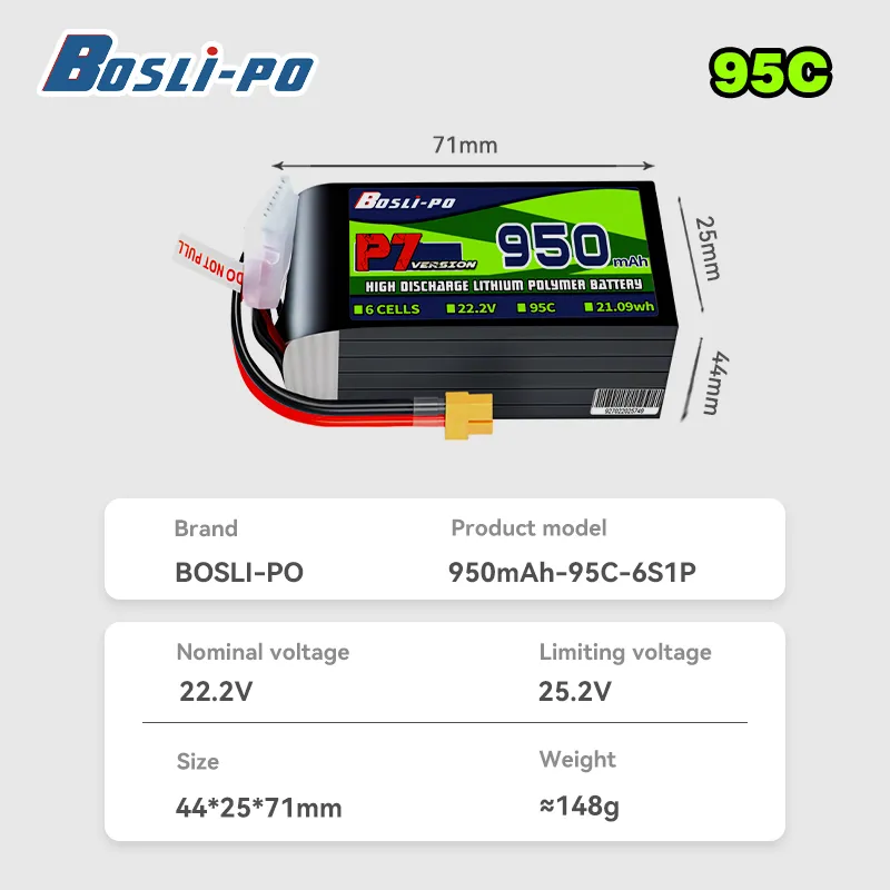 boslipo p7 950mah 95c 3/4/6s fpv battery 6s specifications