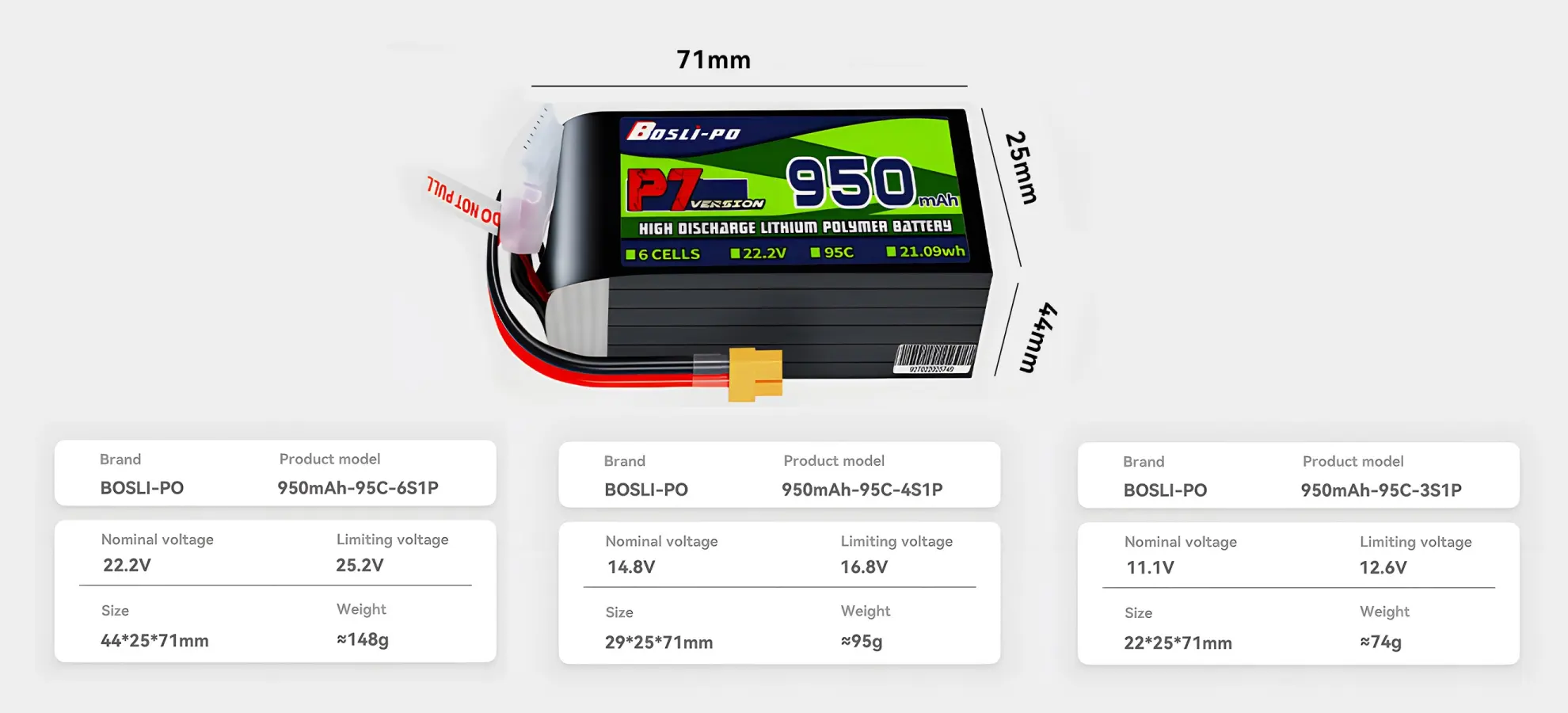 boslipo p7 version 950mah 150c 6s fpv battery pc size