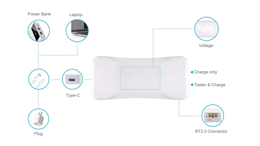 bt2.0 battery charger and voltage tester v2 functions
