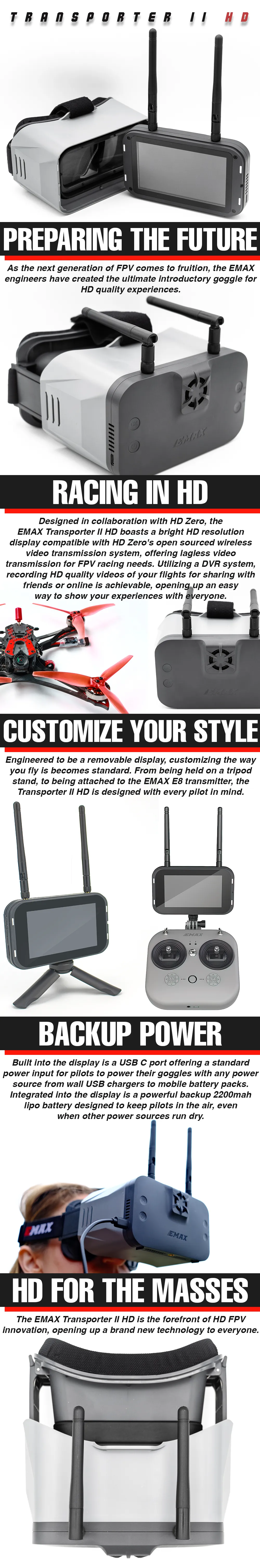 emax transporter ii hd fpv goggle details