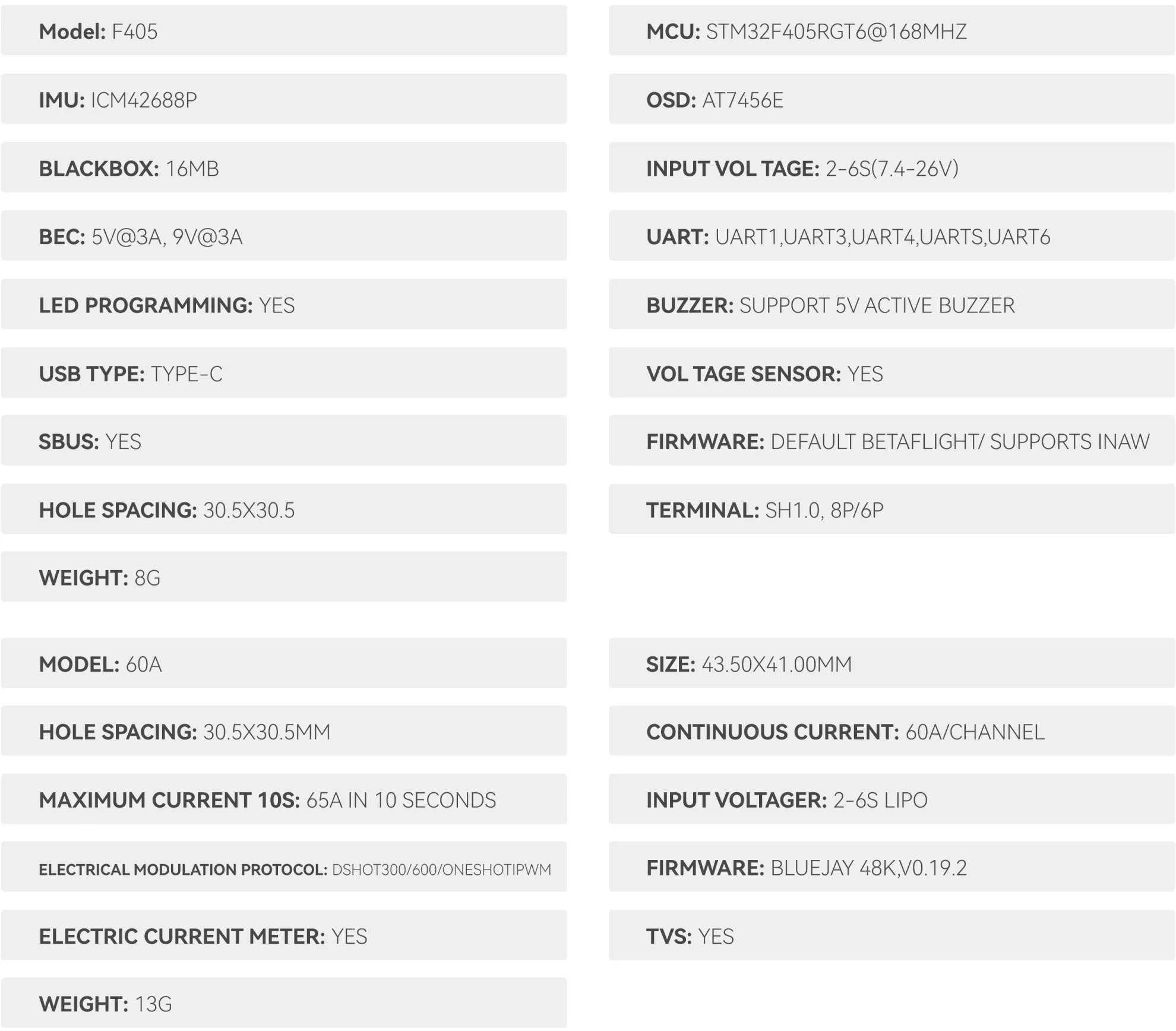f405 60a flight controller stack specification p