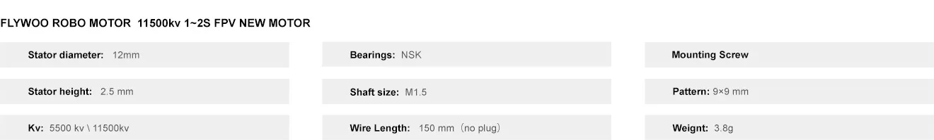 Flywoo ROBO 1202.5 11500KV FPV Motor Specification