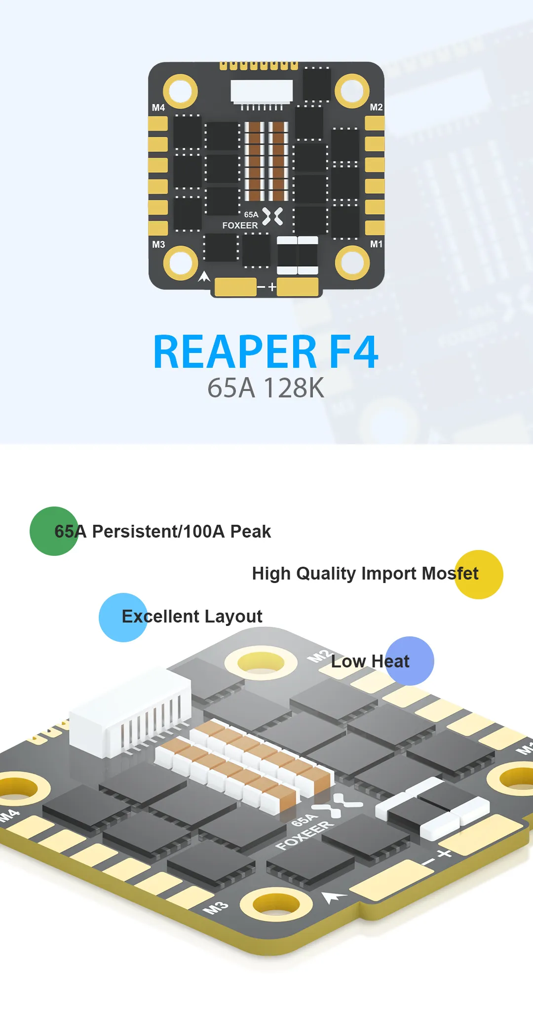foxeer reaper f4 128k 65a bl32 4 in 1 esc 3 8s fpv drone features