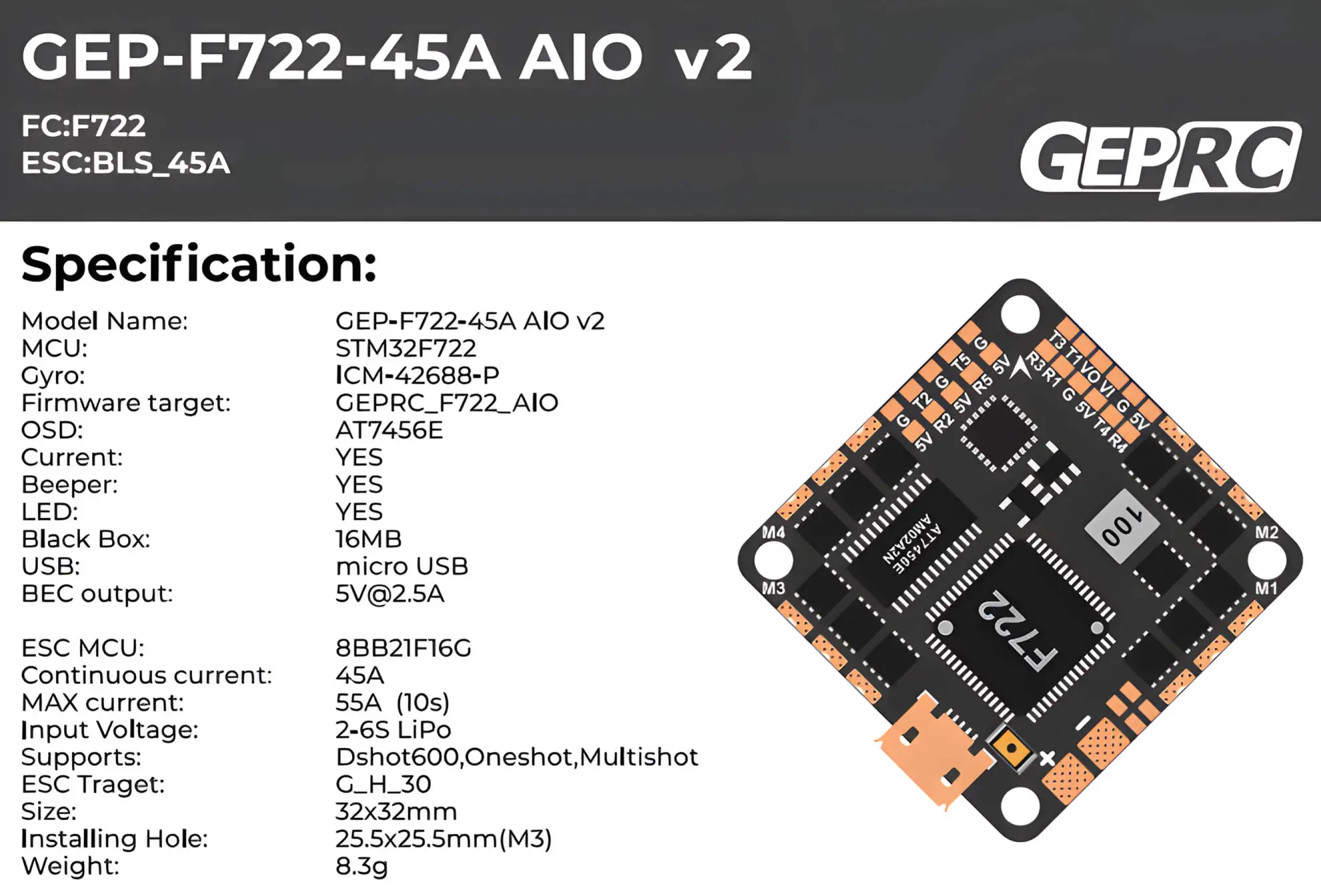 geprc gep f722 45a aio v2 flight controller 1