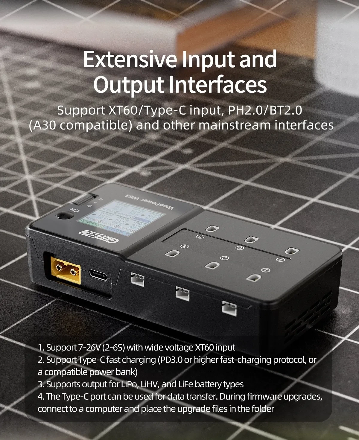 geprc woopower w63 1s charger extensive input and output interfaces