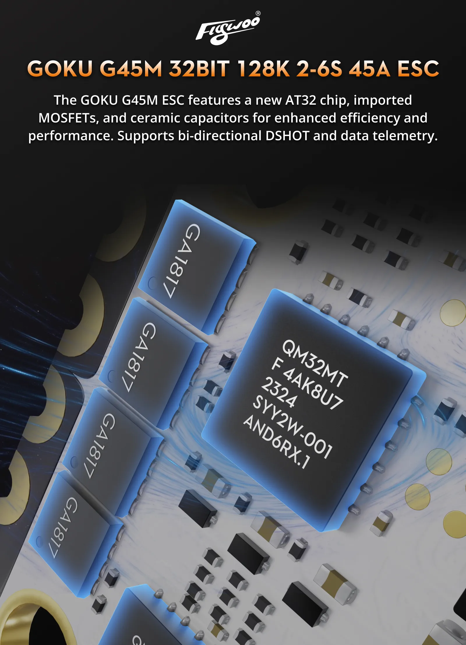 goku g45m 32bit 128k 2 6s 45a esc features