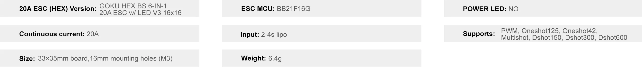 Flywoo GOKU Hex BS 6 In 1 20A ESC W LED V3 16 x 16