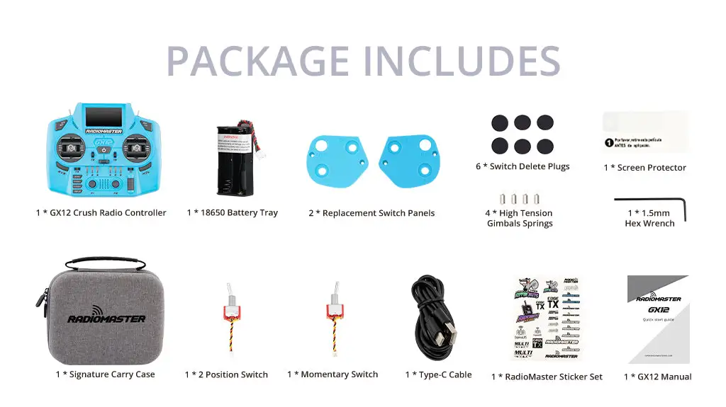gx12 crush radio controller package includes