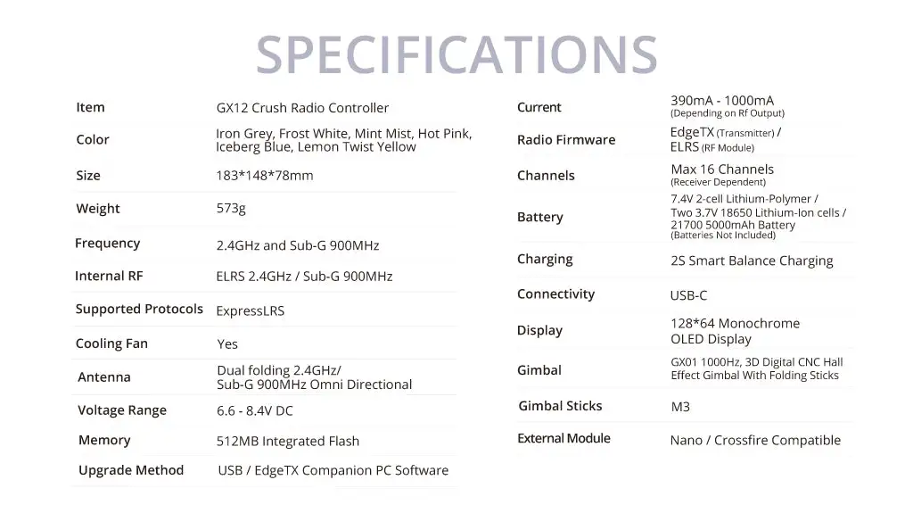 gx12 crush radio controller specification