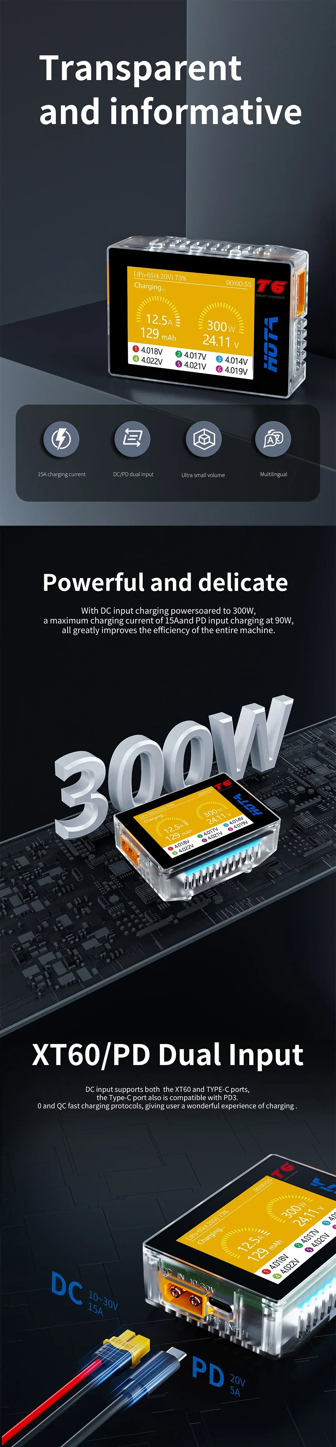 hota t6 300w pd lipo battery charger detail