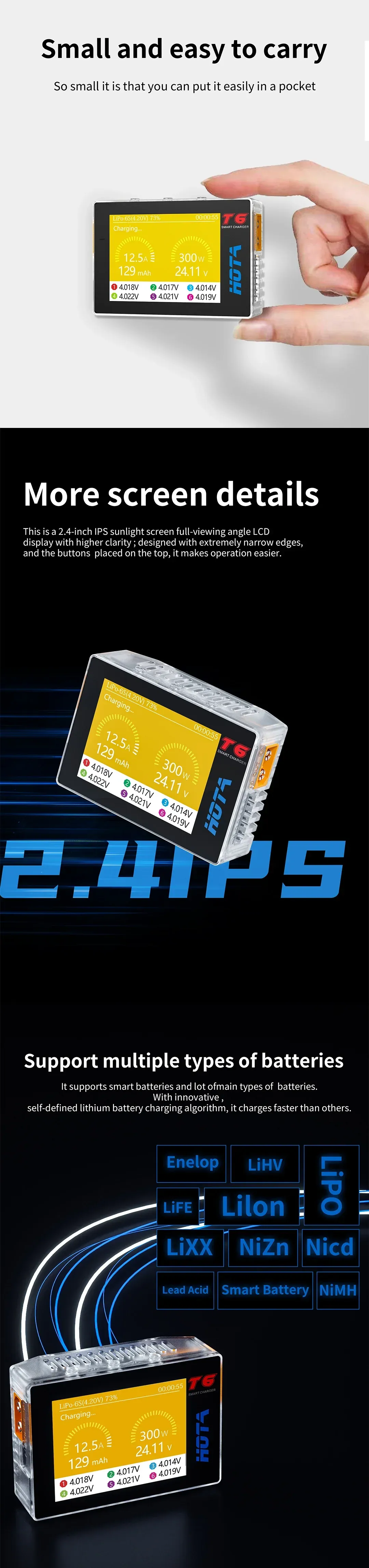 hota t6 300w pd lipo battery charger easy to carry