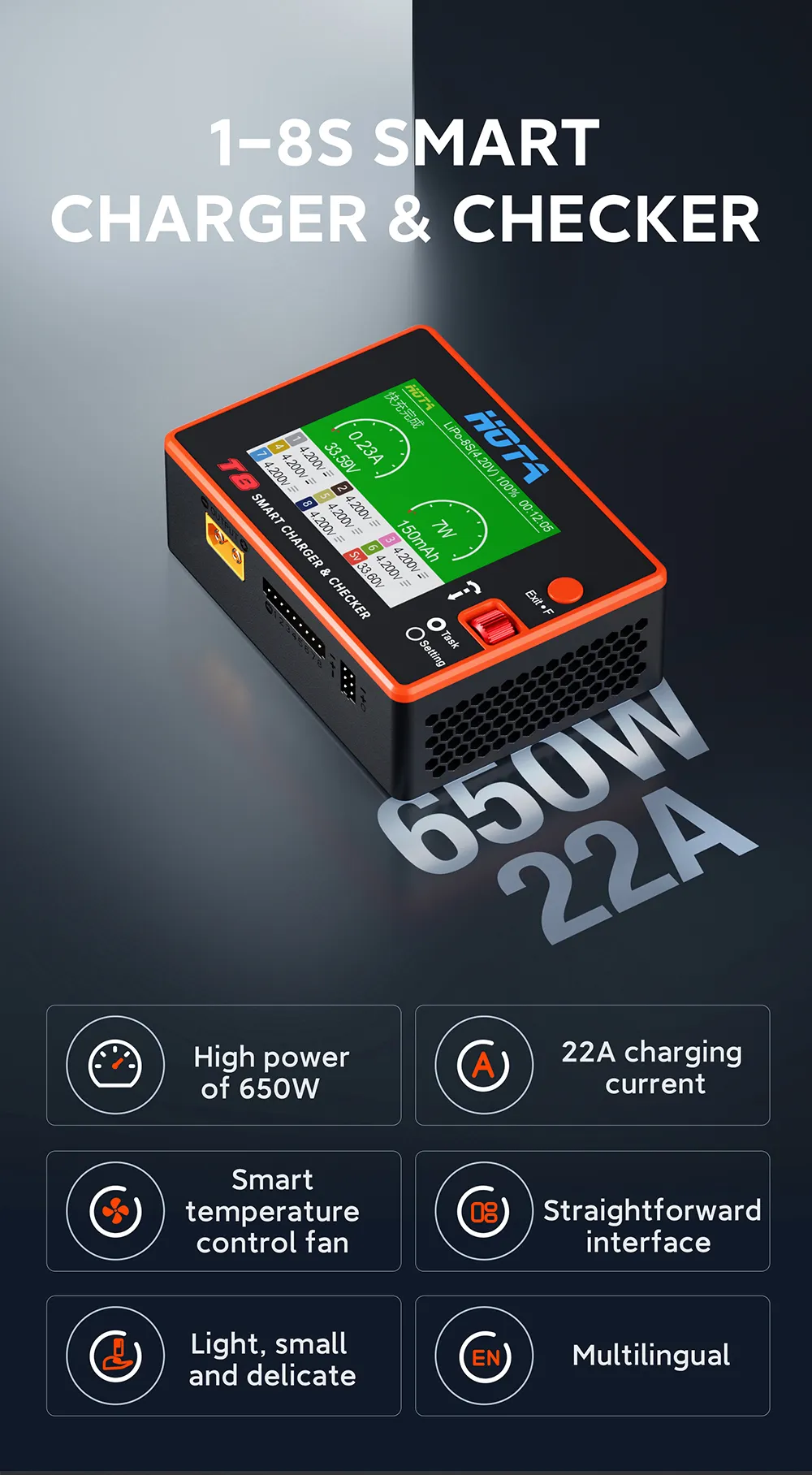 hota t8 650w 22a 1 8s charger features