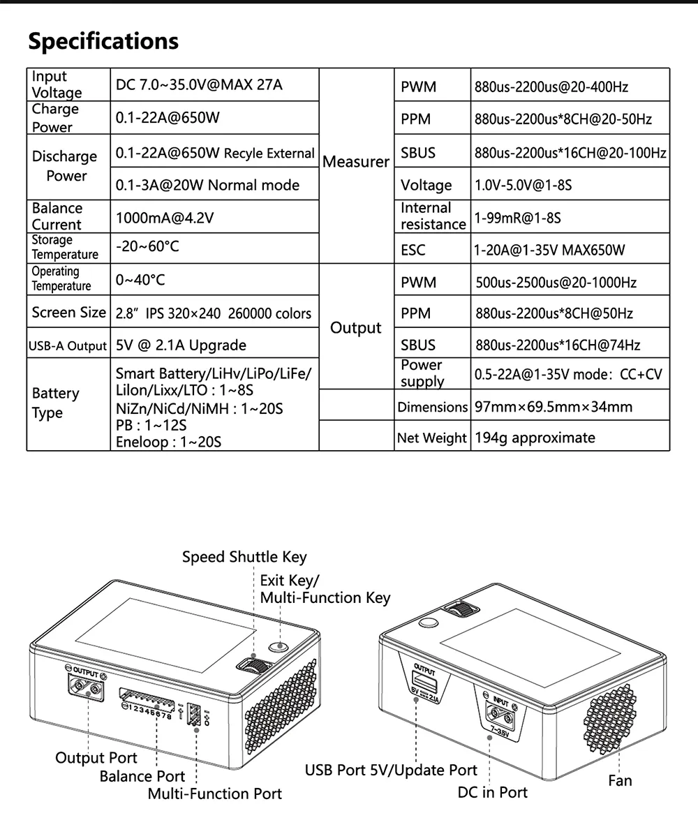 hota t8 650w 22a 1 8s charger specifications