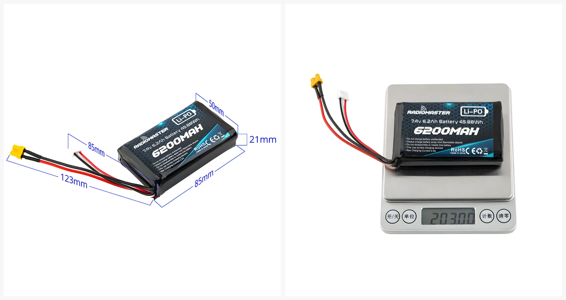 radiomaster 6200mah battery weight and size