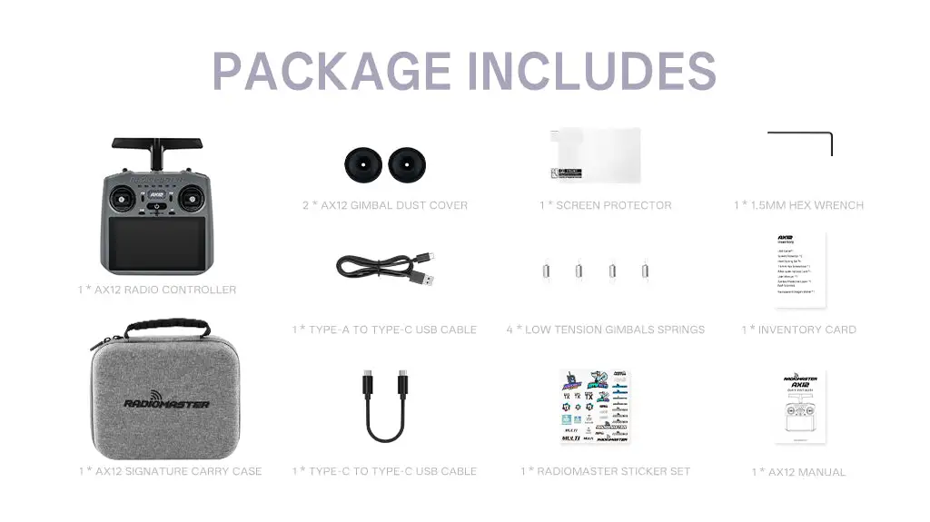 radiomaster ax12 android fpv radio controller with elrs hdmi package includs