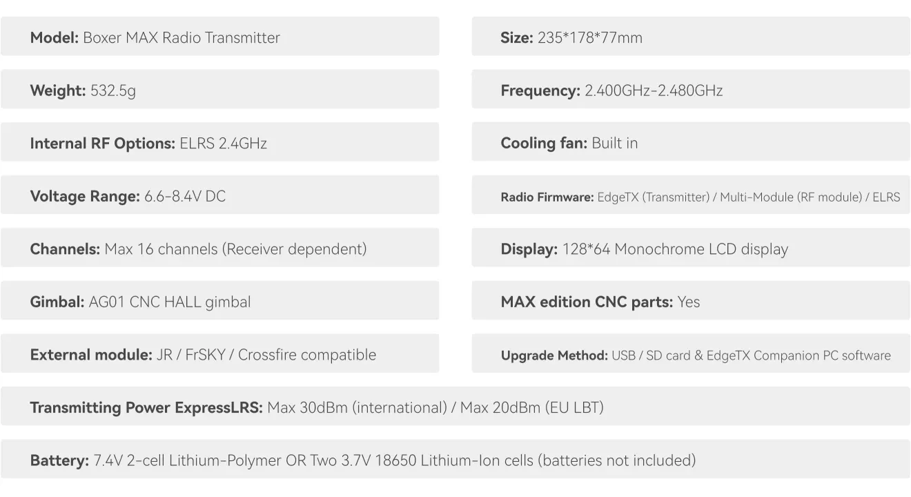radiomaster boxer max radio transmitter specification