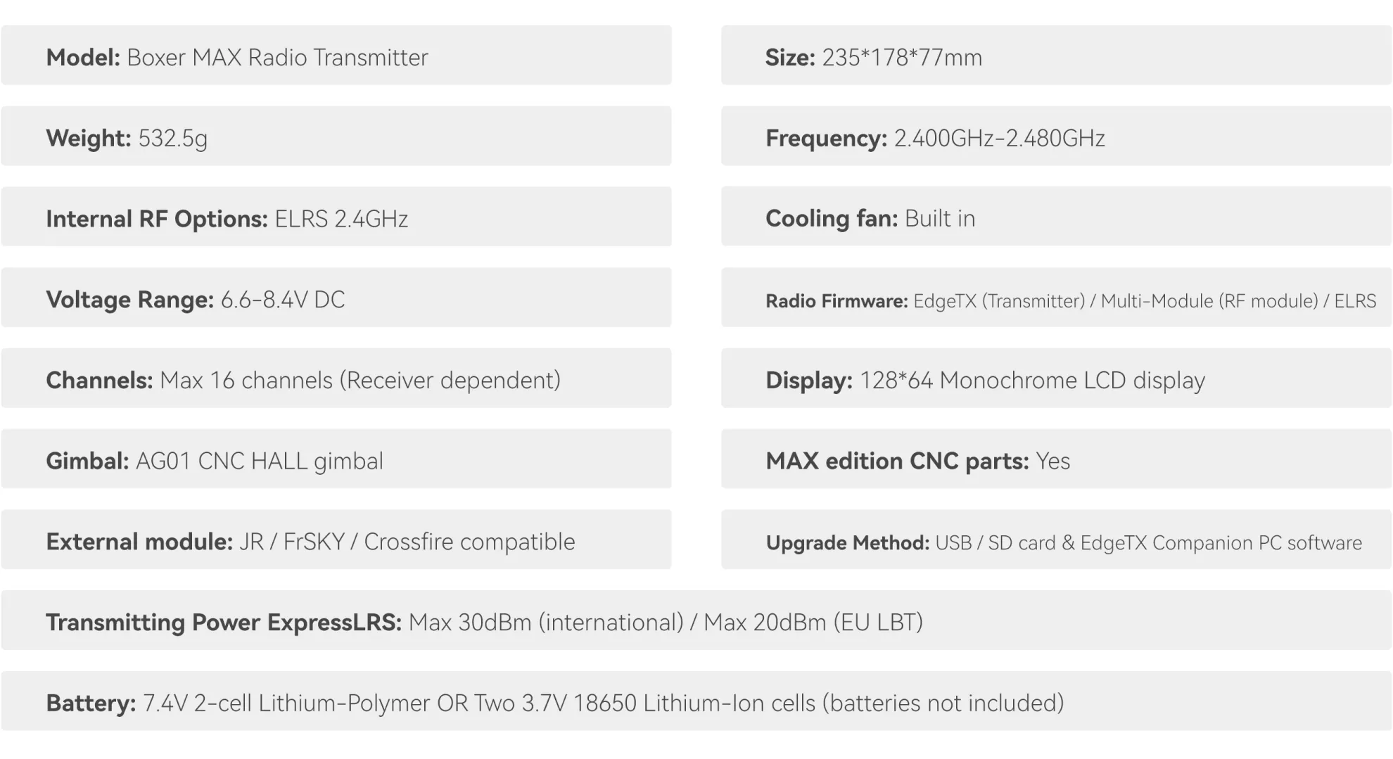 radiomaster boxer max radio transmitter specification