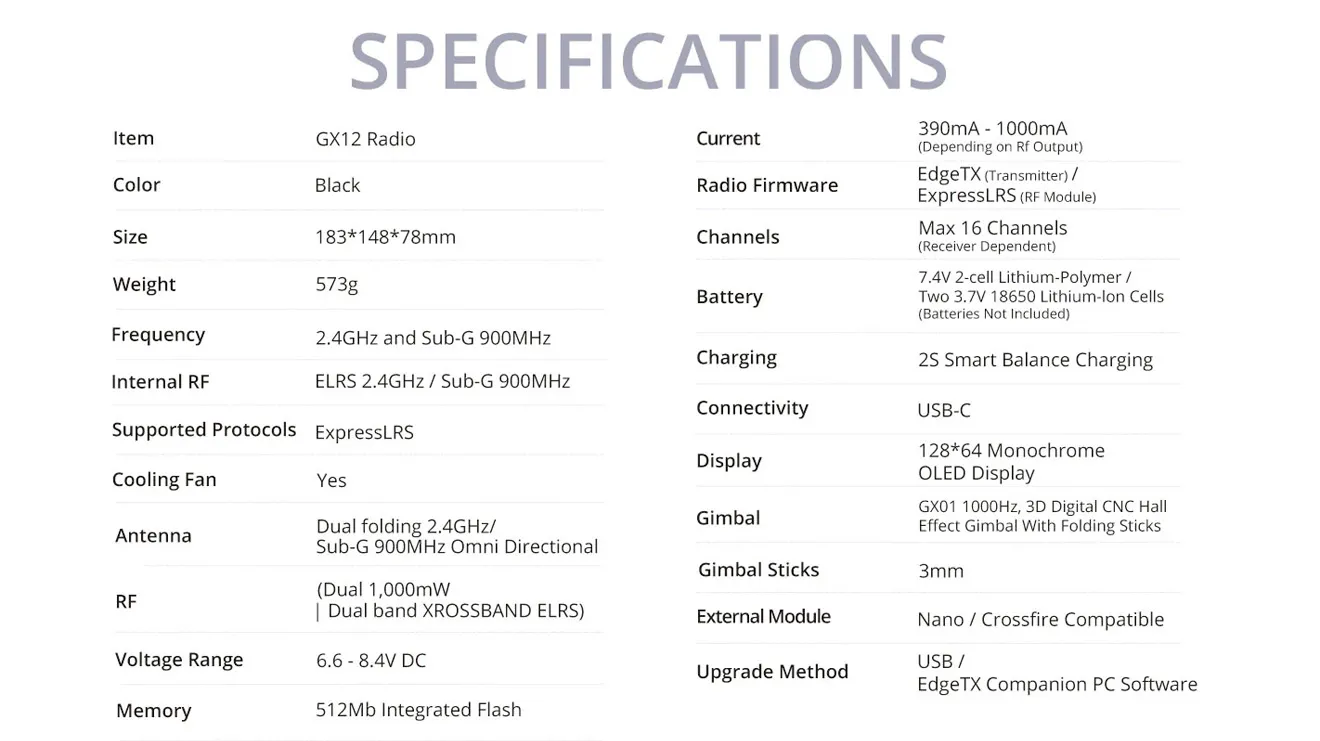 radiomaster gx12 radio controller spec