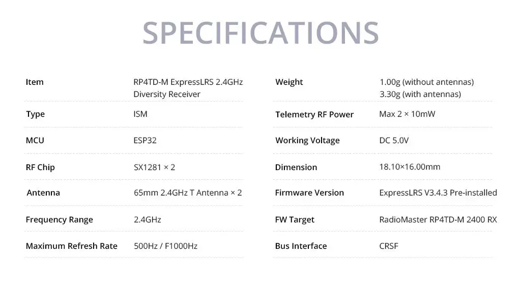radiomaster rp4td m expresslrs 2.4ghz mini true diversity receiver data