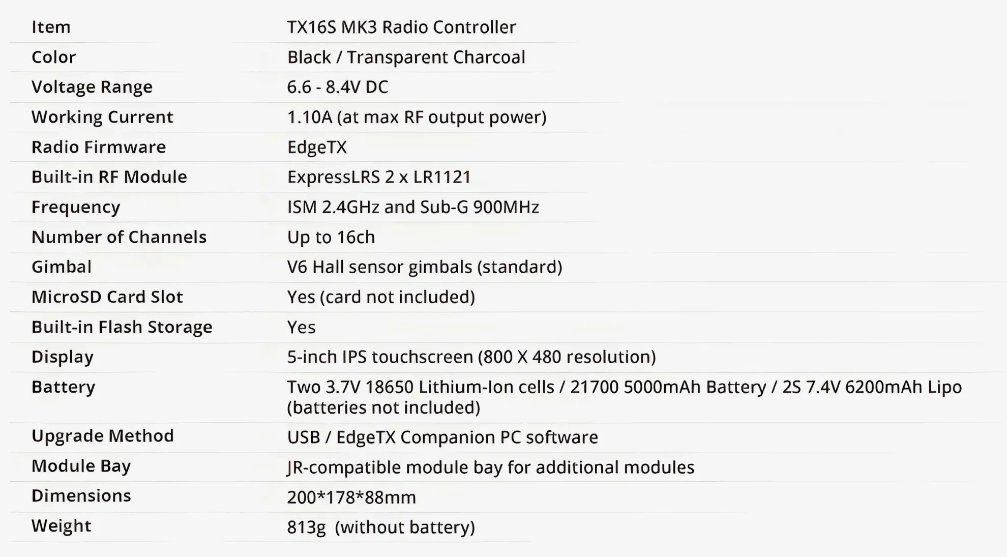 radiomaster tx16s mk3 elrs radio controller spec
