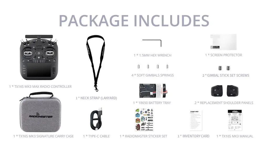 radiomaster tx16s mk3 max radio controller elrs m2 package list