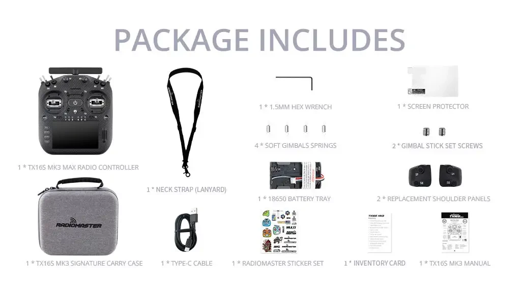 radiomaster tx16s mk3 max radio controller elrs m2 package list