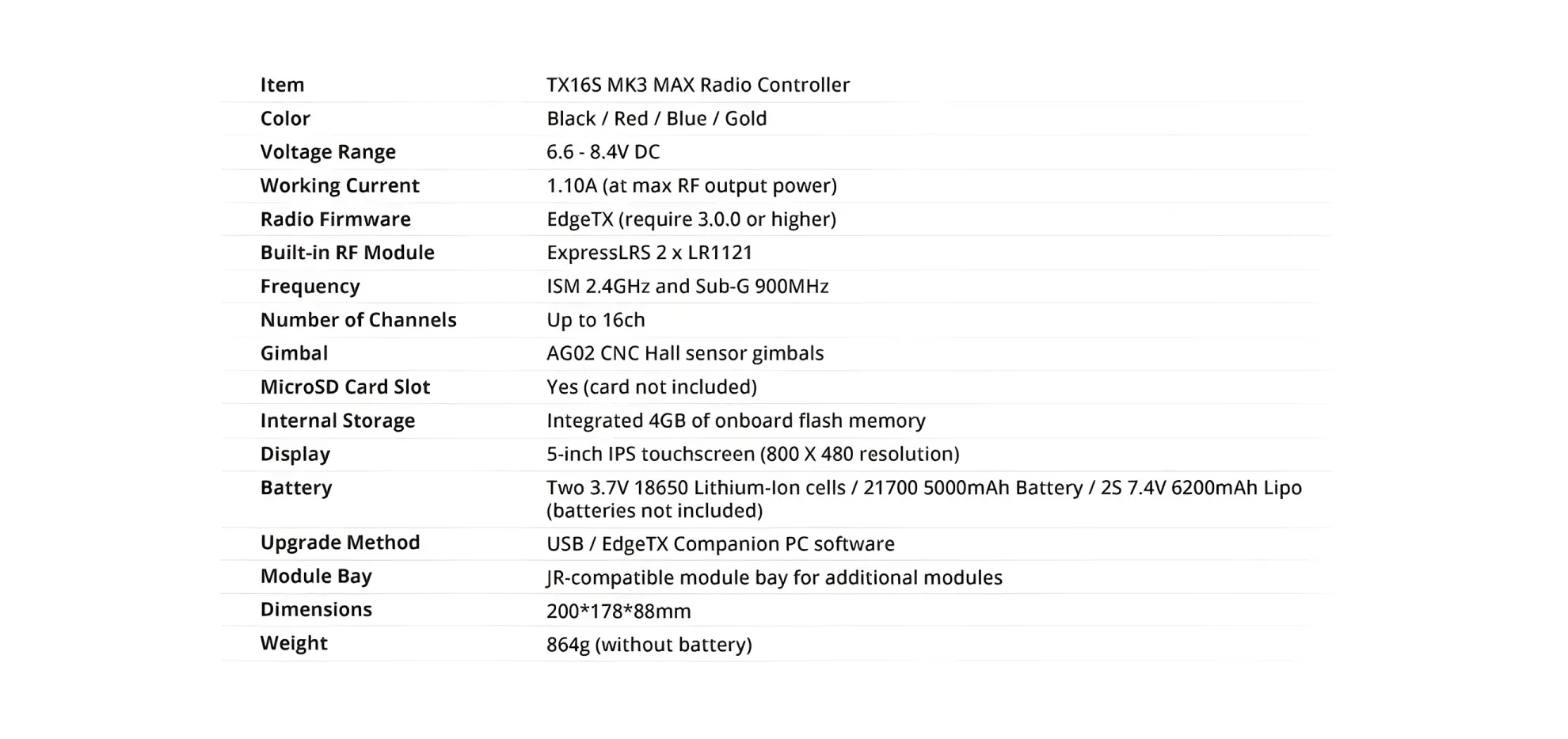 radiomaster tx16s mk3 max radio controller specification 2