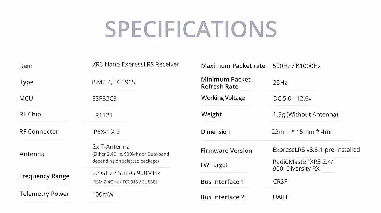 radiomaster xr3 nano expresslrs receiver specifications