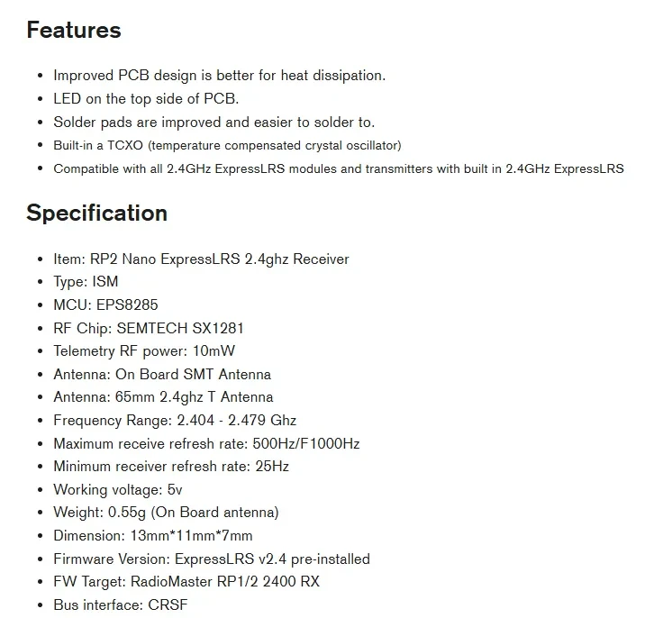 rp2 expresslrs 2.4ghz nano receiver specification