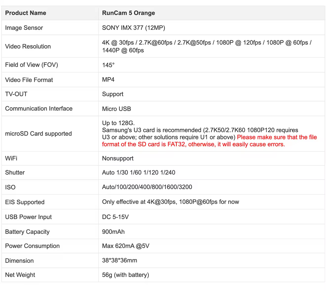 Runcam 5 Camera Specifications