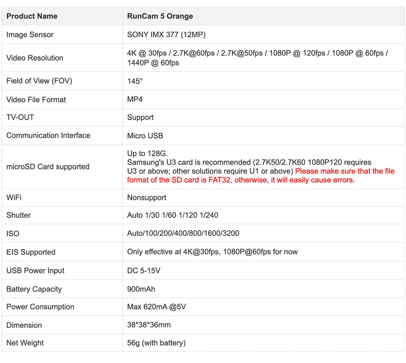 Runcam 5 Camera Specifications
