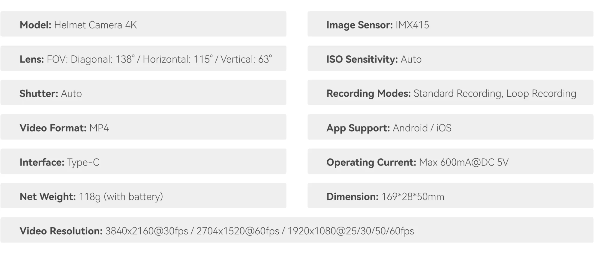 RunCam Helmet Camera 4K Specifications