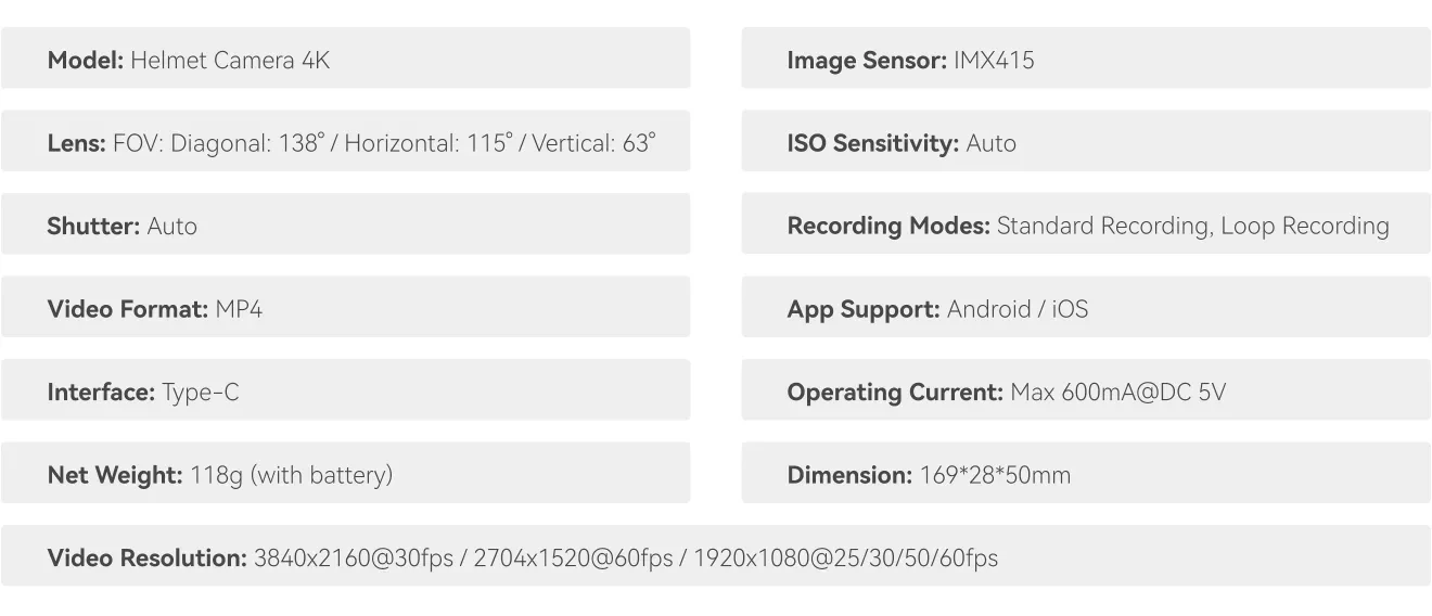 RunCam Helmet Camera 4K Specifications